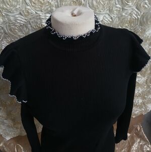 Loft Black Ruffled Long Sleeve Turtle Neck Frill Top